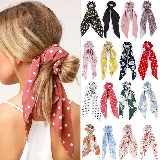 2023 Fashion Print Chiffon Long Ribbon Scrunchies Women Girls Ponytail