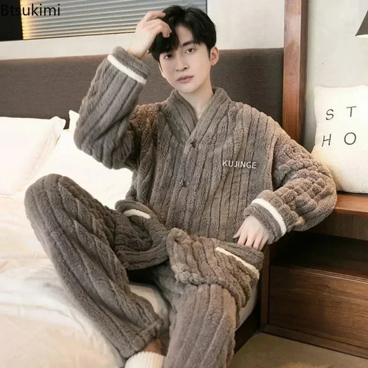 2024 Men's Warm Pajama Sets Autumn Winter Thick 2 Piece Set Flannel